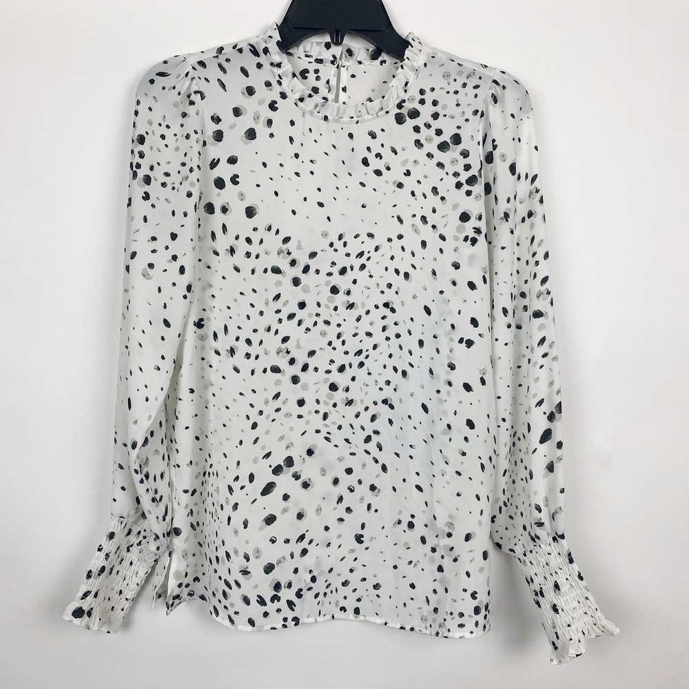 Dalmatian Print Ruffle Mock Neck Smocked Cuff Blouse Women‎ S White Black